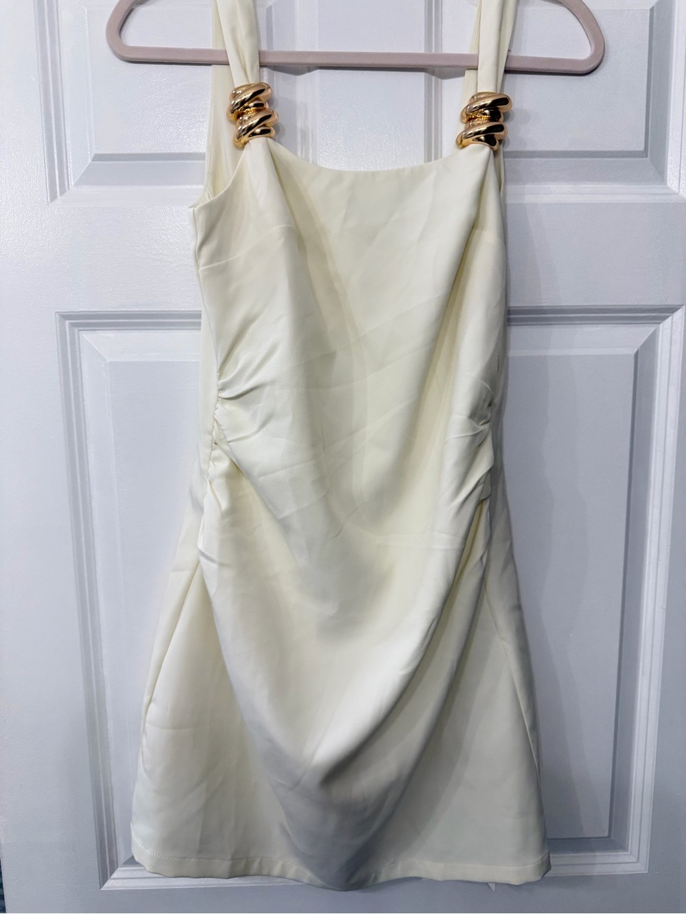 Elegant Cream Draped Mini Dress with Gold Ring Straps